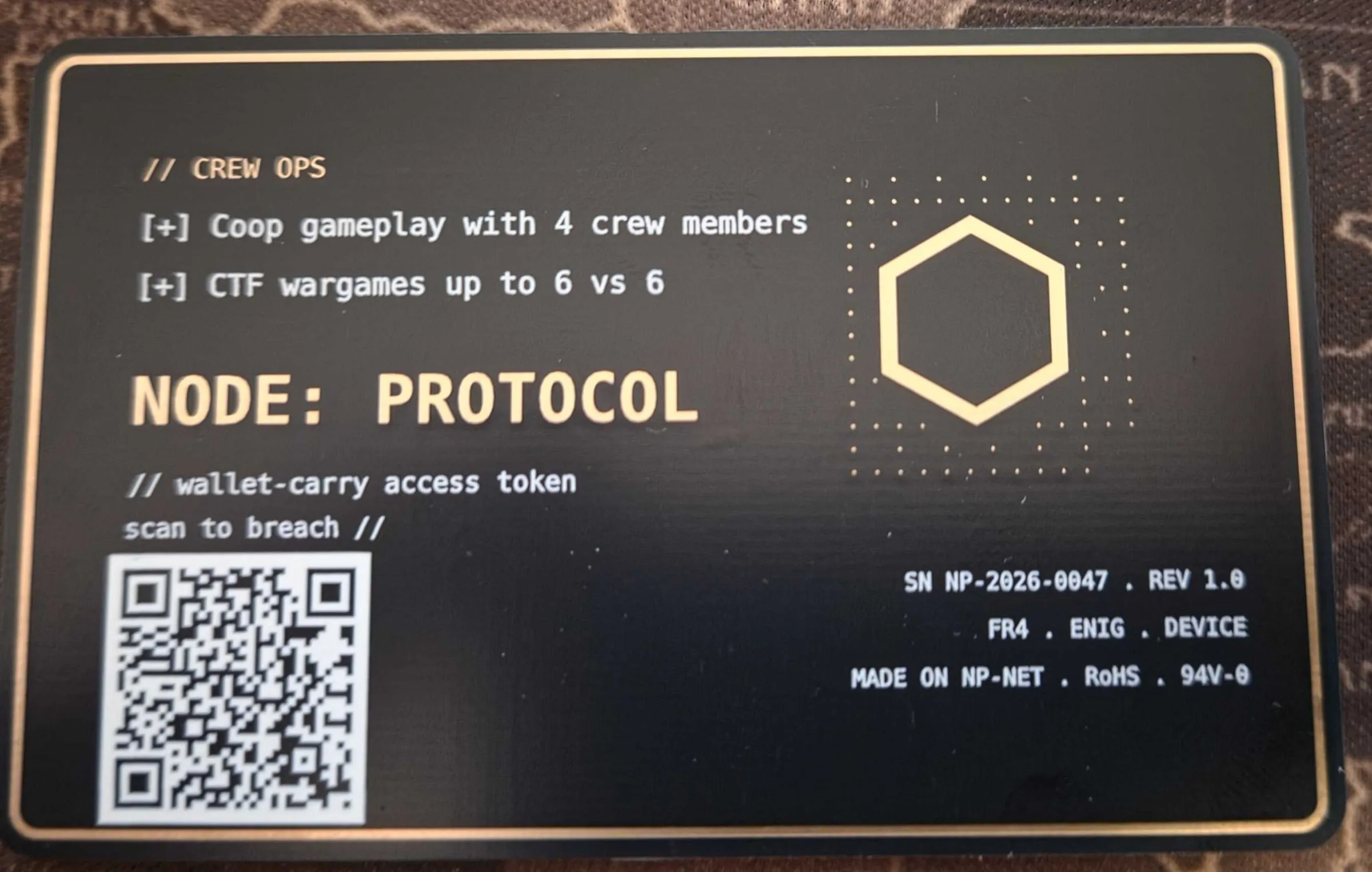 Rückseite der Operator Access Card: Crew-Ops-Specs und ein QR-Code zur Steam-Seite