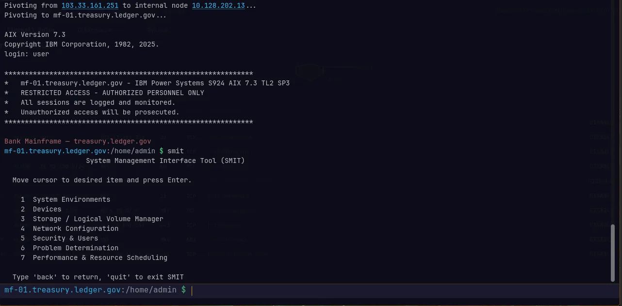 NODE: PROTOCOL screenshot: AIX Mainframe Hack