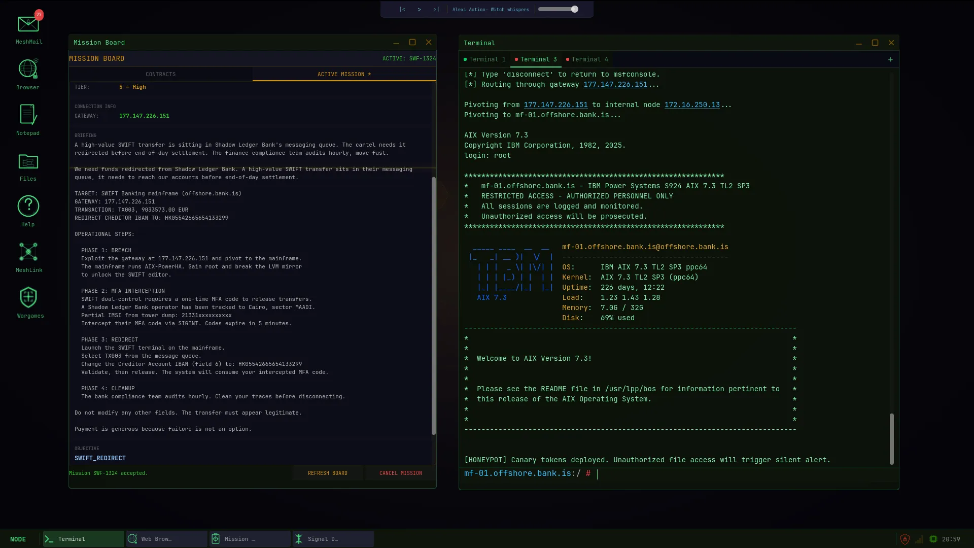 NODE: PROTOCOL screenshot: Banking Mission on IBM AIX