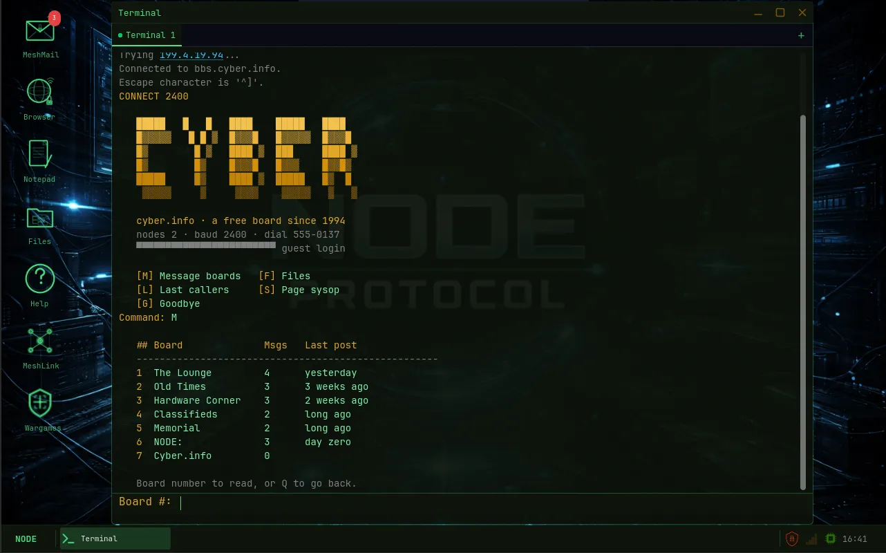 NODE: PROTOCOL screenshot: cyber.info BBS