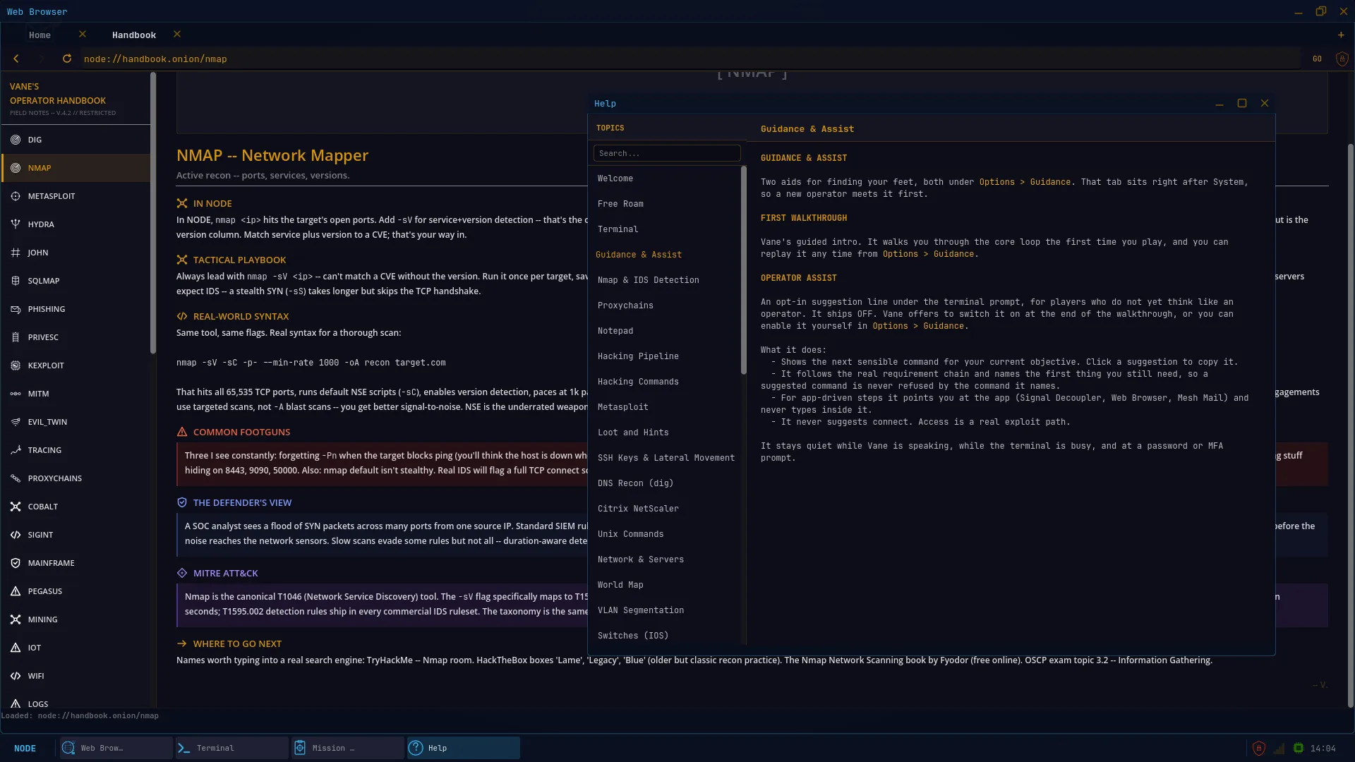 The in-game Operator Manual explaining Nmap